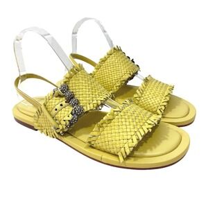 Emanuelle Vee Vanessa Yellow Woven Leather Rhinestone Buckle Sandals Size 39
